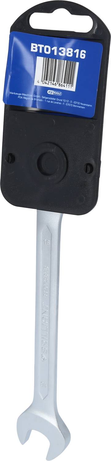 Schlüsselanhänger mit kleinem Schraubenschlüssel, Verpackung mit Barcode und der Code 'BT013816'.