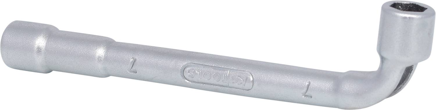 Ein silberner Winkelschlüssel in L-Form mit einer runden Öffnung an beiden Enden, verwendet zum Festziehen oder Lösen von Schraubverbindungen.