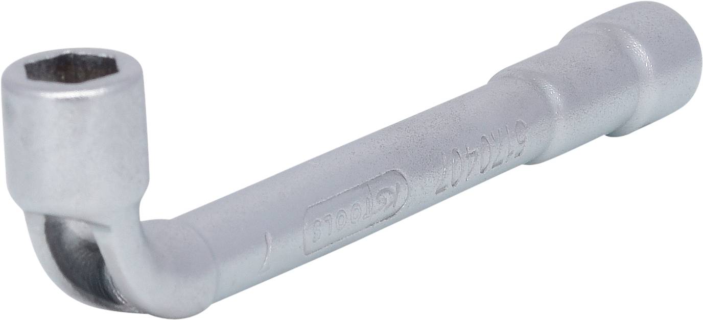 Ein silberner Winkelstiftschlüssel mit einem L-förmigen Griff und einem sechseckigen Steckkopf.