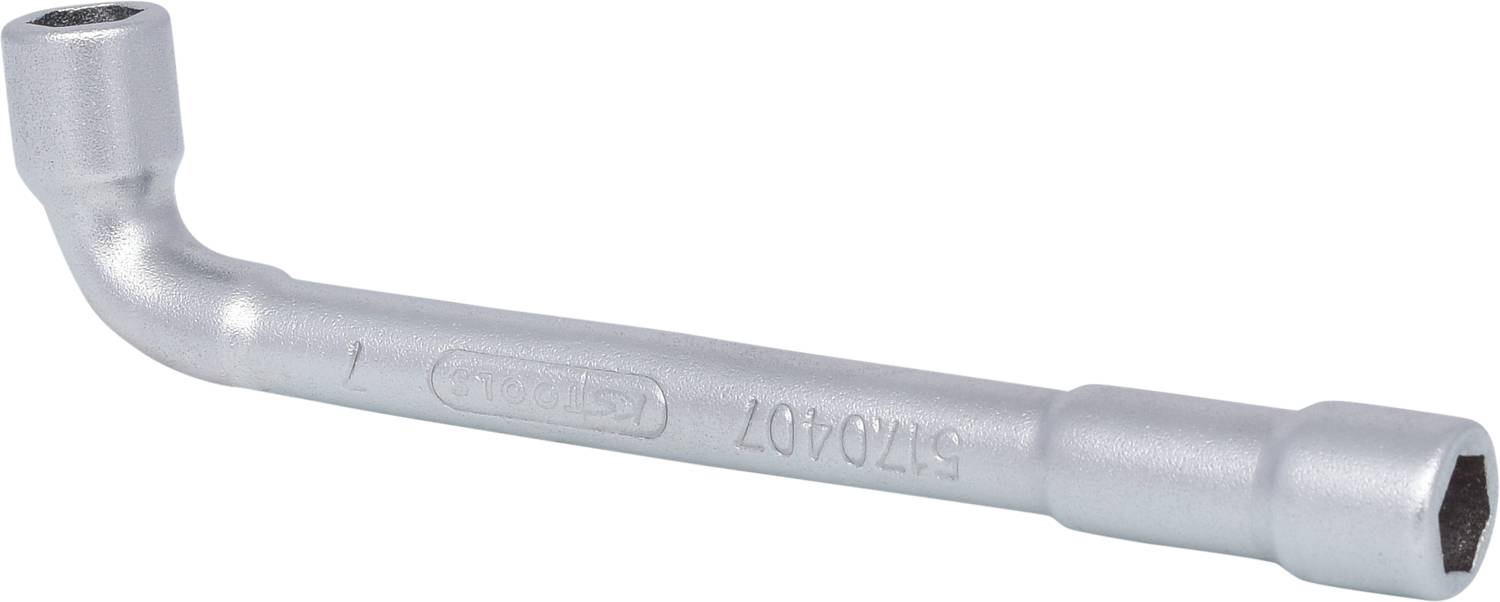 L-förmiger Schraubenschlüssel aus Metall, erkennbar durch die gebogene Form und die Beschriftung auf dem Griff.