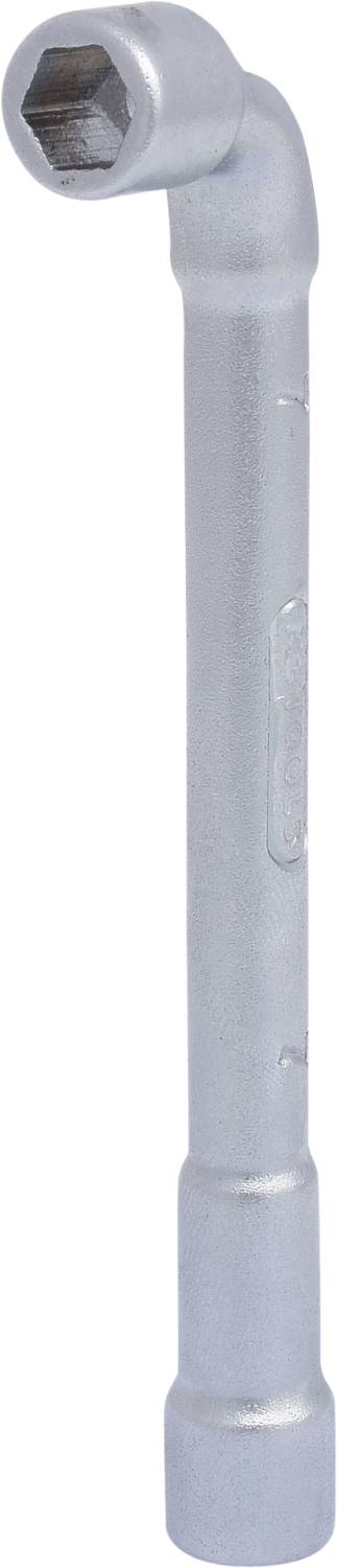 Ein silberner Winkelschraubenschlüssel mit sechseckiger Öffnung, in L-Form, aus Metall.