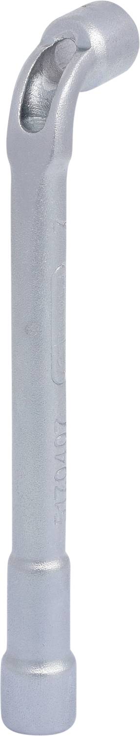 Ein silberner Winkelschlüssel mit offenem Sechskantkopf und abgewinkeltem Griff, zur Verwendung bei schwer zugänglichen Schrauben.