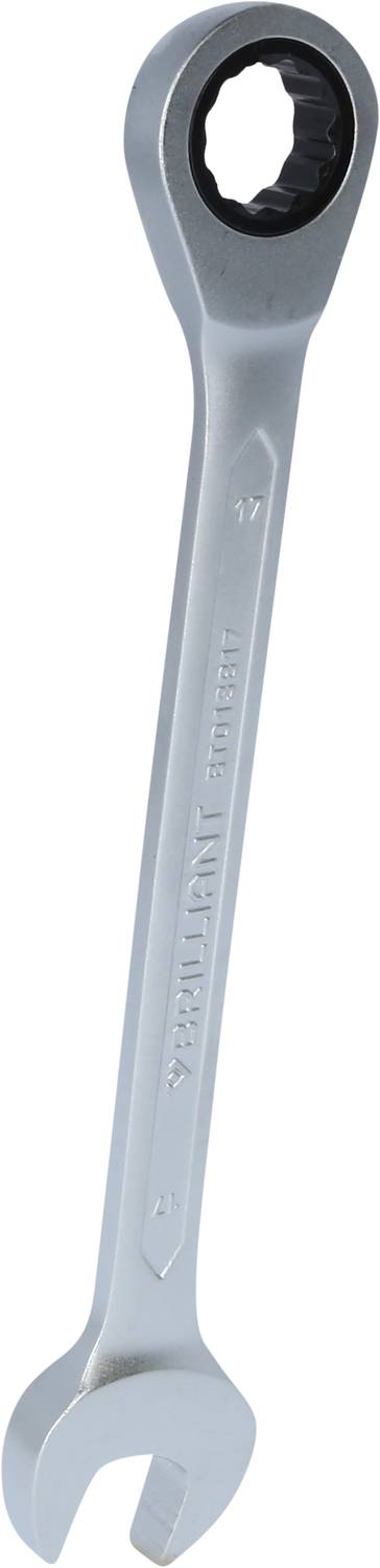 Ein silberner Ratschen-Ringmaulschlüssel, abgewinkelt, mit offener und geschlossener Seite, verwendet zum Anziehen von Schrauben.