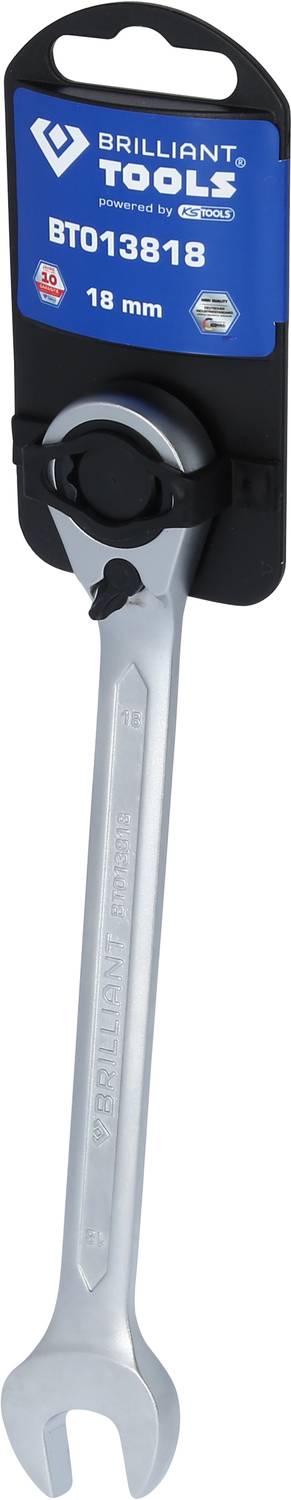 Ein silberfarbener Ringmaulschlüssel von 'Brilliant Tools', Größe 18 mm. Verpackung in blauer Halterung mit Markenlogo.