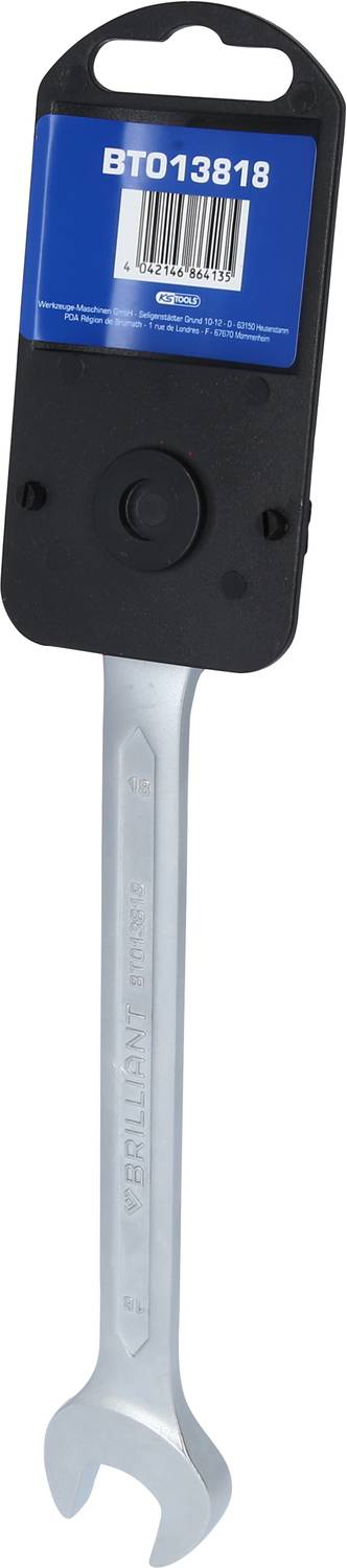 Ein Schraubenschlüssel mit einer Verpackung oben, auf der 'BT013818' steht, vermutlich eine Artikelnummer.