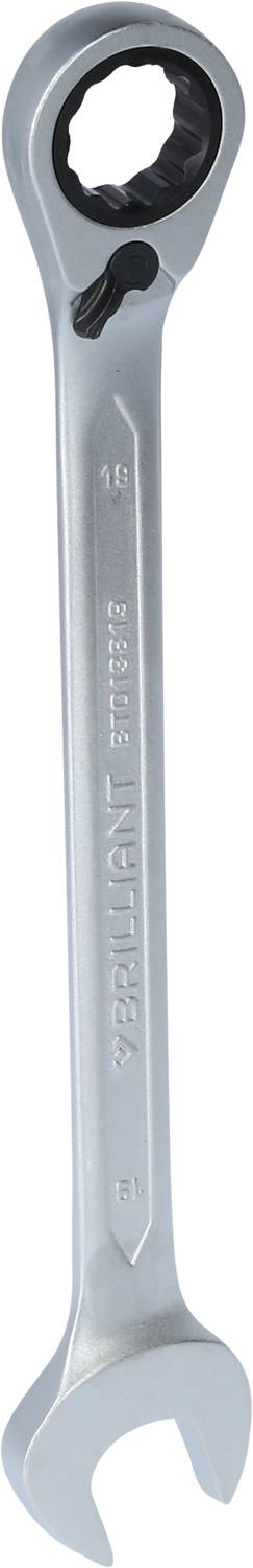 Ein silberner Maulschlüssel mit Ratschenring, Größe 13 mm. Geeignet zum Lösen oder Anziehen von Schrauben und Muttern derselben Größe.