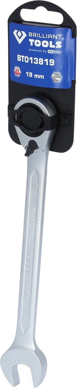 'Brilliant Tools Ratschen-Ringschlüssel, 19 mm', silbernes Werkzeug mit Halterung, geeignet für Schraubarbeiten in technischen Berufen.