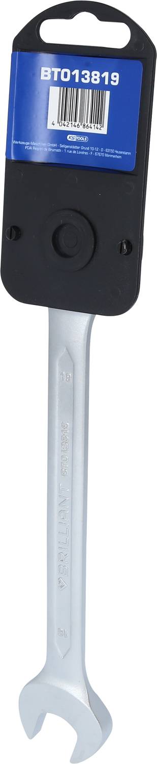 Ein silberner Maulschlüssel mit schwarzer und blauer Verpackung, auf der die Nummer BT013819 steht.