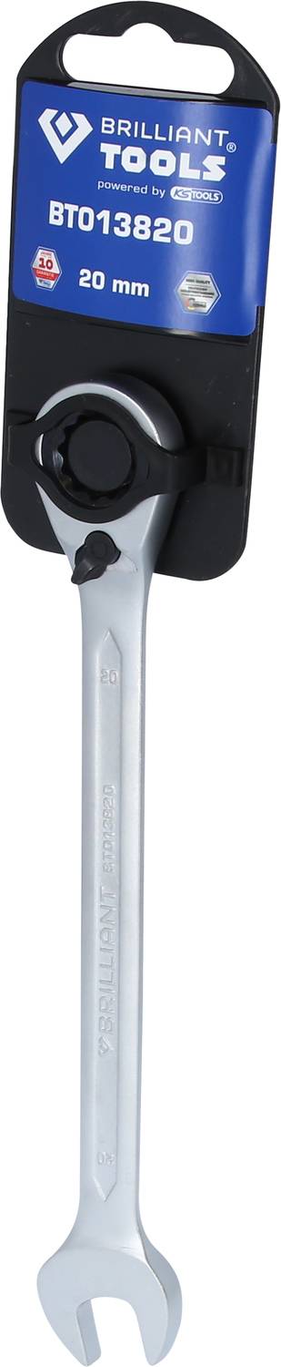 Ein silberner 20 mm Ringmaulschlüssel von Brilliant Tools, Modellnummer BT013820, in einer schwarzen Halterung angezeigt.
