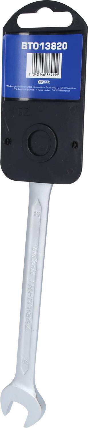 Ein silberner Gabelschlüssel mit blauem Etikett oben, das eine Produktnummer und einen Barcode zeigt.