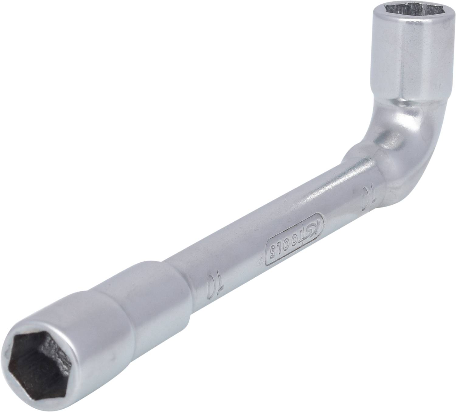 Ein silberner L-förmiger Stehschlüssel, auch als Rohrsteckschlüssel bekannt, verwendet für das Anziehen oder Lösen von Schrauben.