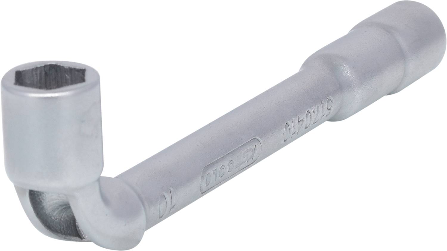 Silberner Winkelschlüssel mit sechseckiger Aufnahme für Muttern und Schrauben. Eignet sich für schwer zugängliche Stellen.