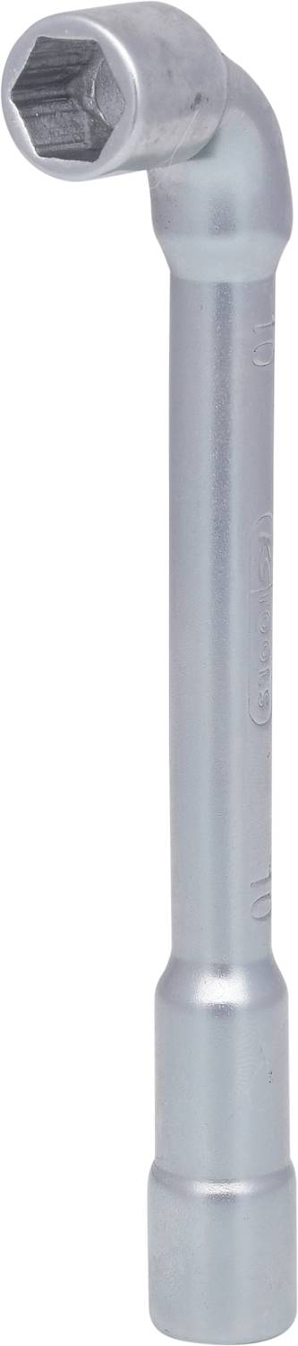 Ein silberner Winkelschraubenschlüssel mit sechseckiger Öffnung, geeignet zum Lösen oder Festziehen von Schrauben an schwer zugänglichen Stellen.