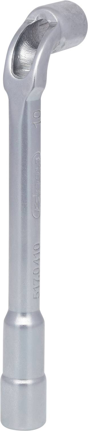 Ein silberfarbener Winkelschraubenschlüssel aus Metall mit abgewinkeltem Kopf und langem Griff, geeignet zum Lösen von Schrauben.