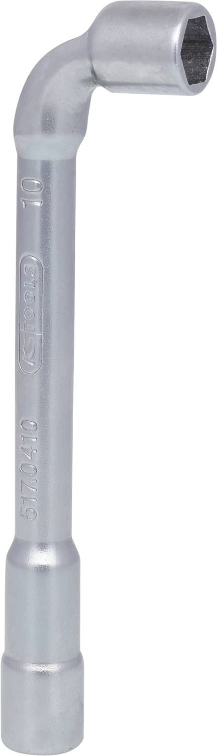 Ein silberfarbener Winkelschraubenschlüssel mit einer offenen Sechskantaufnahme am oberen Ende und einem geraden Griff.