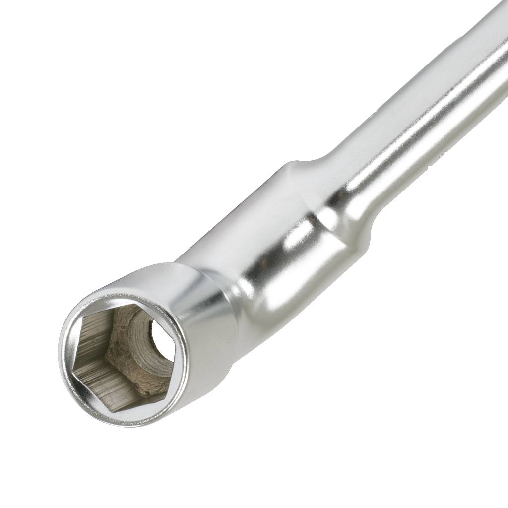 Ein glänzender Metall-Steckschlüssel mit einem langen, schlanken Griff. Ideal zum Lösen oder Festziehen von Schrauben oder Muttern.