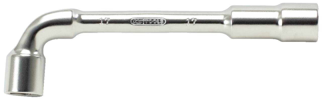 Ein verchromter Winkelschlüssel mit zwei Enden. Beide Enden sind für 12 mm Muttern geeignet, ideal zum Lösen oder Festziehen von Schrauben.
