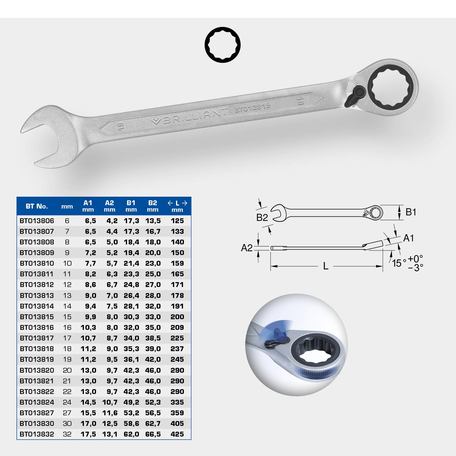 Ringschlüssel mit Tabelle: BT-Nummer, Größen A1-A3, Längen. Beispiel: BT013808, 8 mm, Länge 140 mm. Skizze zeigt Maße und Winkel.