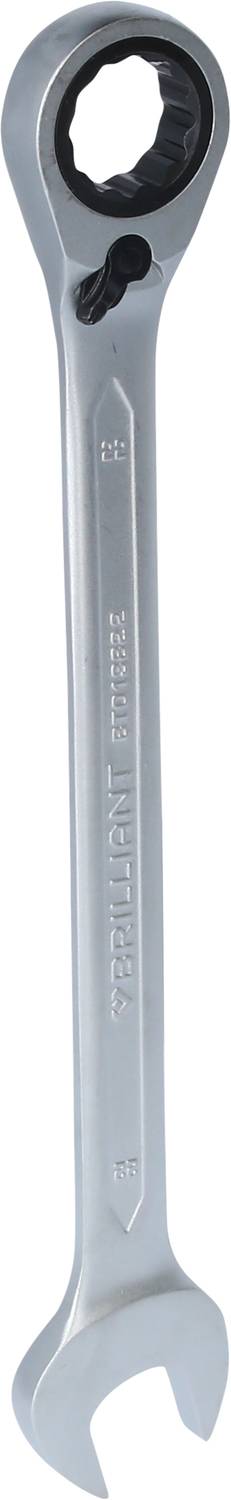 Ein silberner Ringschlüssel mit einem offenen Ende und einem Ratschenmechanismus am anderen Ende, aus glänzendem Metall gefertigt.