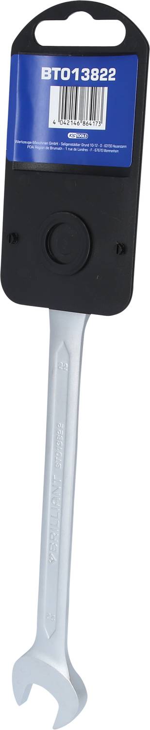 Ein Metall-Schraubenschlüssel mit schwarzem Kunststoffgriff. Der Griff hat ein blaues Etikett mit der Nummer 'BT013822' und einem Barcode.