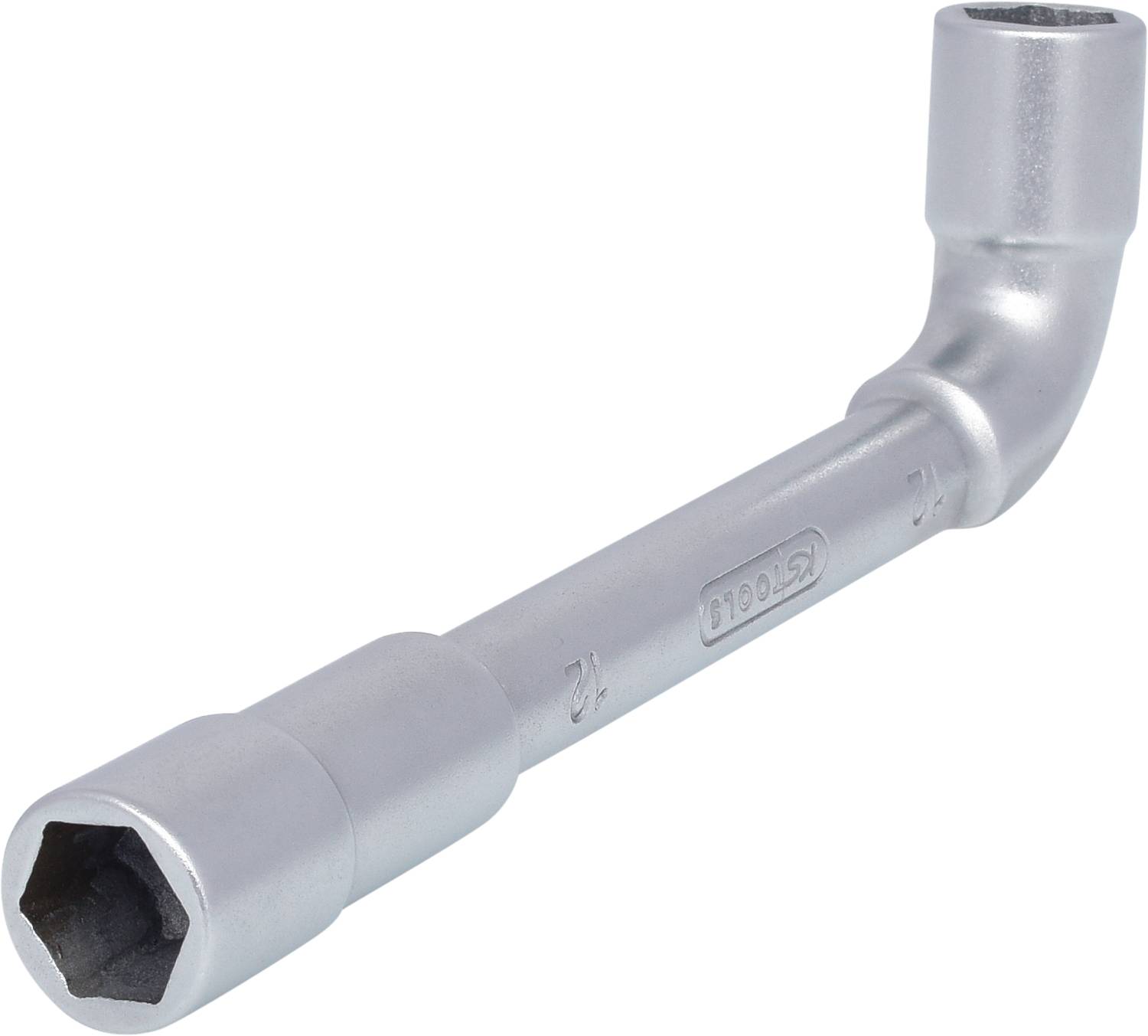 Ein silberner Winkelschraubenschlüssel mit einem Steckschlüssel an beiden Enden, geeignet zum Anziehen oder Lösen von Schrauben.