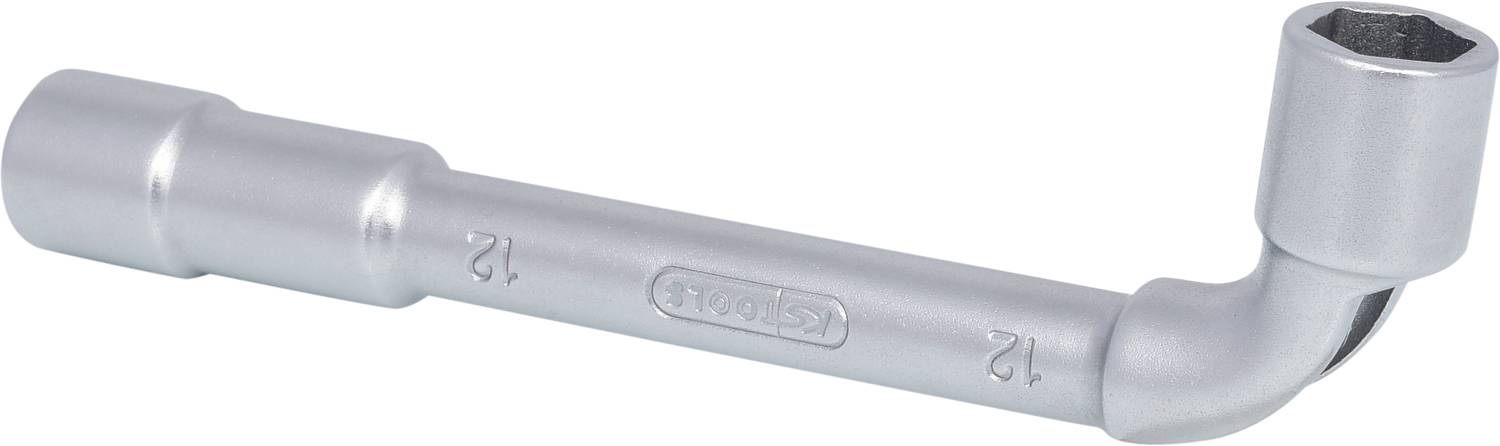 Ein silberner Winkelschraubenschlüssel mit der Größe 12. Er hat zwei Steckseiten, eine gerade und eine in einem rechten Winkel.