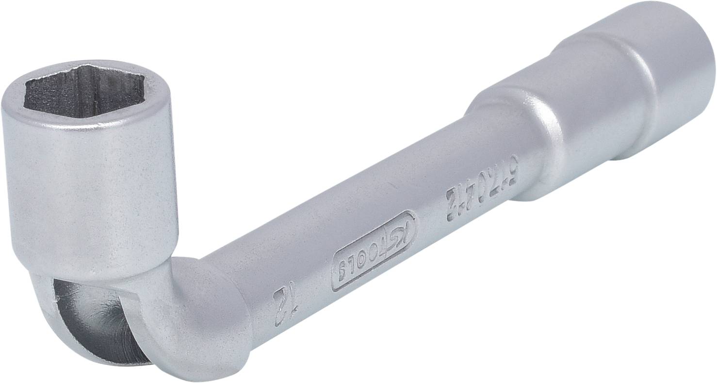 Ein silberner Steckschlüssel aus Metall mit L-Form, geeignet zum Festziehen oder Lösen von Schrauben und Muttern.