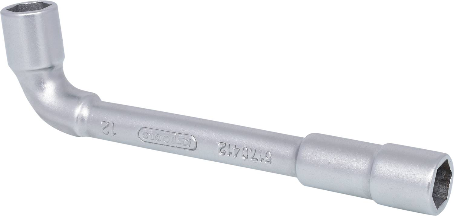 Ein silberner Winkelschlüssel mit offenen Enden für Schrauben, dargestellt auf weißem Hintergrund, zeigt die Größe '12'.