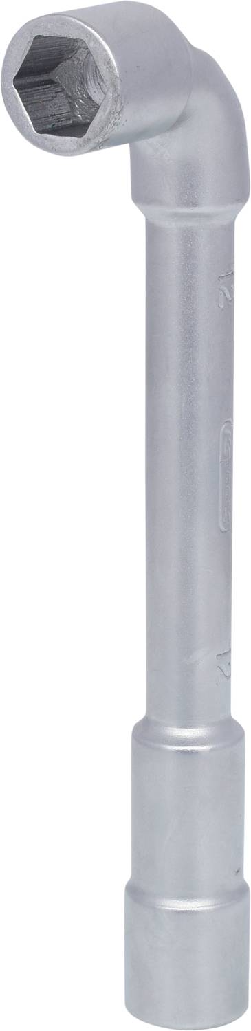 Ein gebogener Steckschlüssel aus Metall, verwendet für das Anziehen oder Lösen von Schrauben und Muttern in schwer zugänglichen Bereichen.