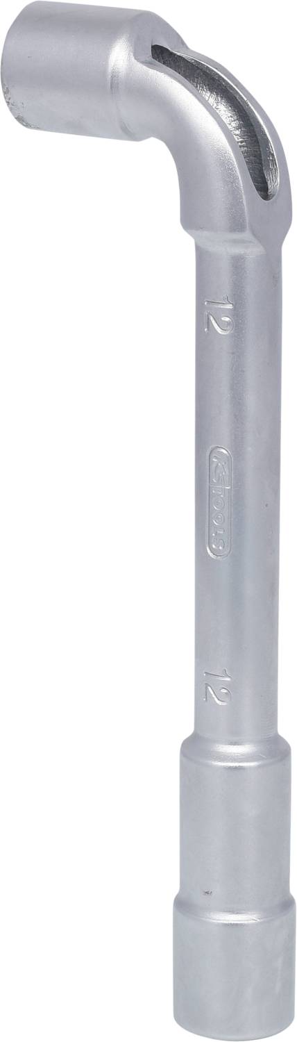 Ein silberfarbenes Winkelschraubenschlüssel mit einem abgewinkelten Griff und einer sechskantigen Öffnung am Ende, geeignet für Muttern.