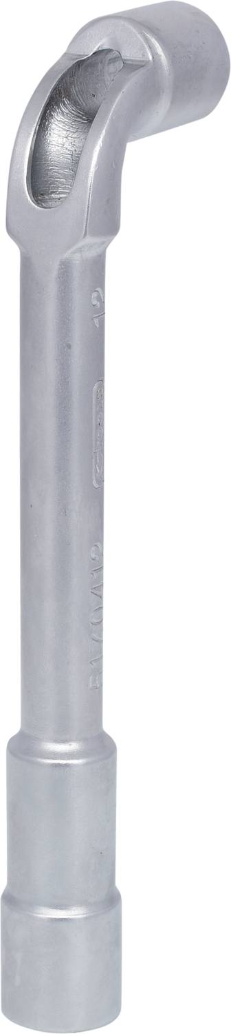 Ein silberfarbener Zündkerzenschlüssel mit langer, gebogener Form, die für den Zugang zu schwer erreichbaren Zündkerzen ausgelegt ist.