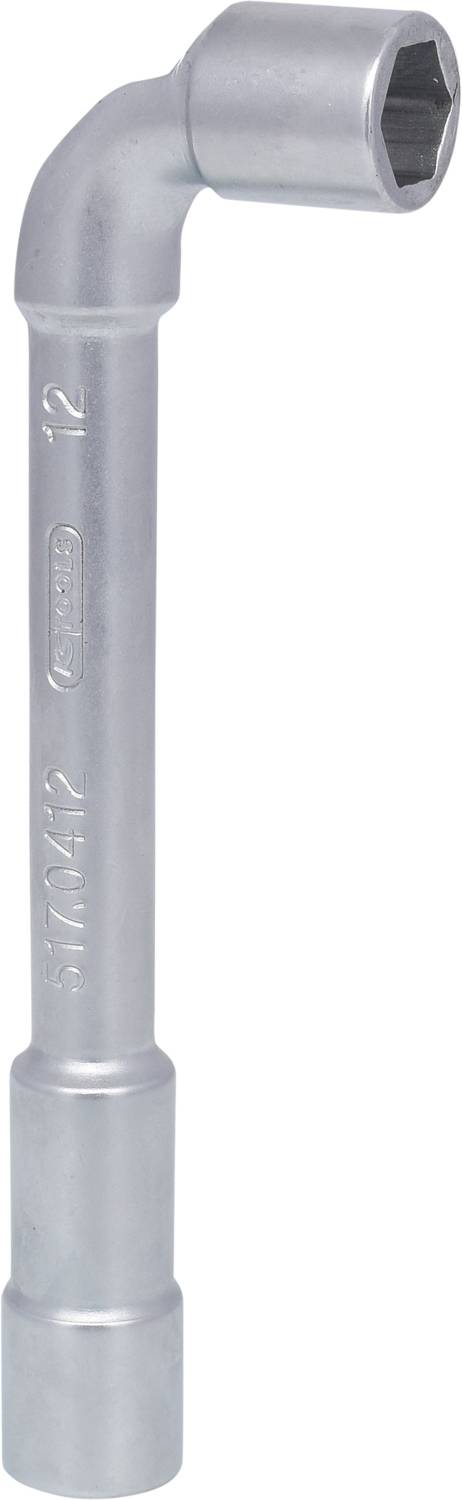 Ein verchromter Steckschlüssel mit langem Griff und einem abgewinkelten Ende, zum Lösen oder Festziehen von Schrauben und Muttern.