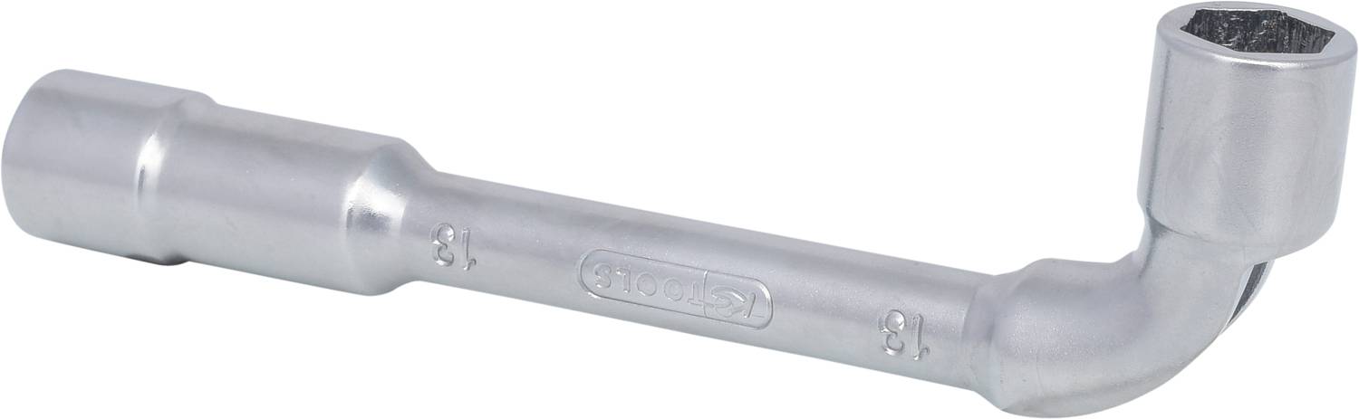 Ein silberner Winkelschlüssel in L-Form. Es wird zum Lösen oder Festziehen von Muttern oder Schrauben verwendet.
