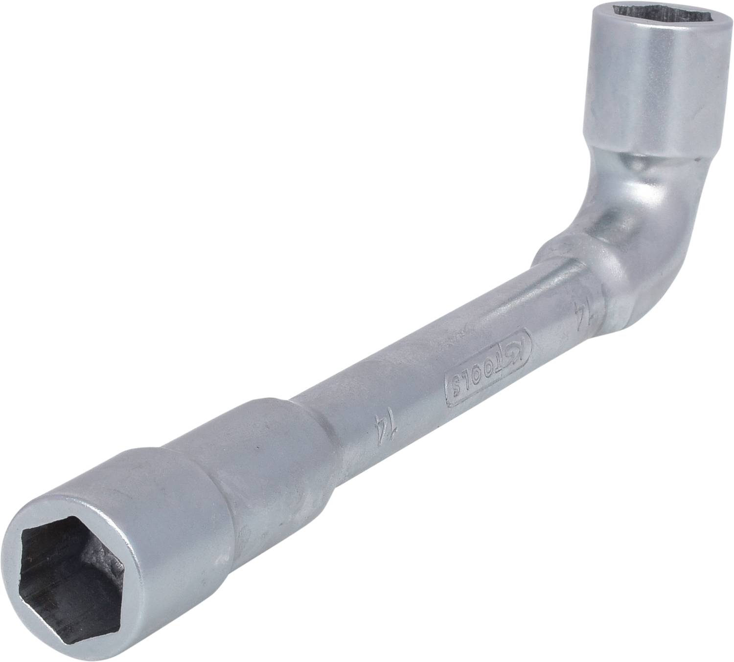 Ein silberner Winkelschlüssel mit zwei unterschiedlich großen, sechseckigen Öffnungen an beiden Enden, zum Anziehen oder Lösen von Schrauben.