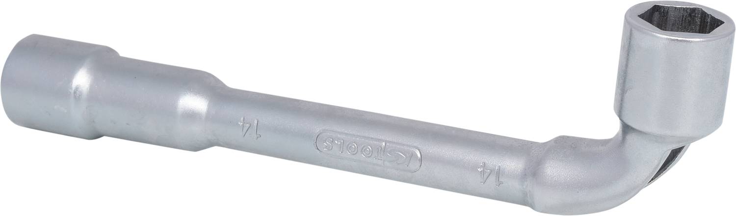 Ein silberfarbenes Winkelsteckschlüssel-Werkzeug mit sechseckiger Aufnahme und gerader Griffverlängerung, verwendet für Schraubarbeiten.