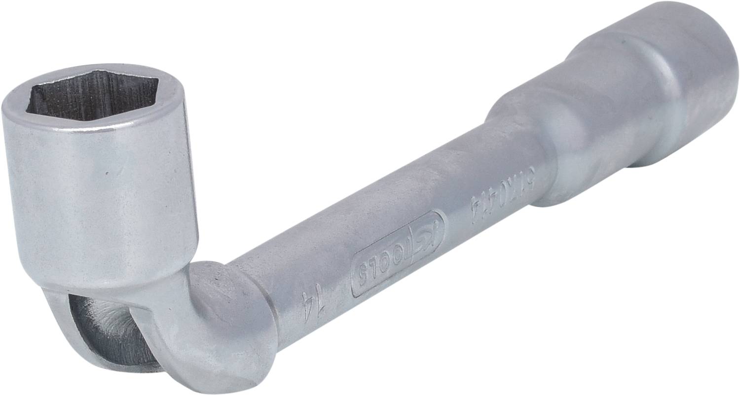 Metallschlüssel mit sechseckiger Öffnung und gebogenem Griff, geeignet für das Lösen oder Befestigen von Sechskantschrauben.