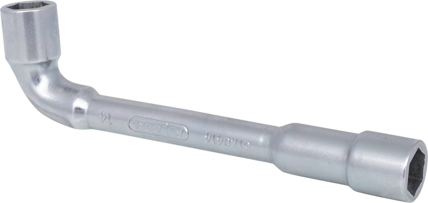 Ein silberner Winkelsteckschlüssel aus Metall, der zum Lösen oder Festziehen von Schrauben in engen oder schwer zugänglichen Bereichen verwendet wird.