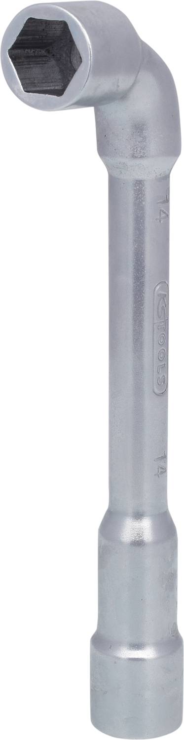 Ein silberner Winkelschraubenschlüssel mit sechskantigem Ende, dargestellt in einem Winkel, der seine Form und Nutzungsmöglichkeit zeigt.