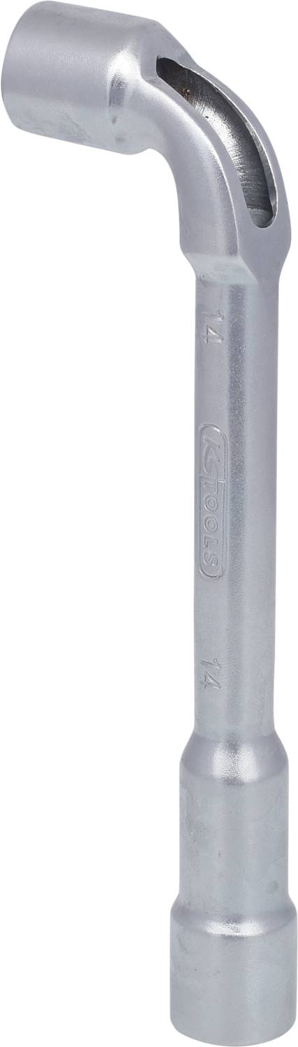 Ein silberner Sechskant-Steckschlüssel mit abgewinkeltem Kopf, geeignet zum Lösen von Muttern und Schrauben.