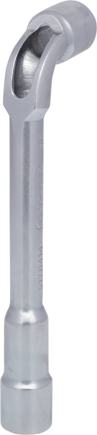 Ein silberner Gelenk-Steckschlüssel mit einem abgewinkelten Griff und offener Ende. Hauptsächlich als Werkzeug zum Lösen oder Festziehen von Schrauben verwendet.