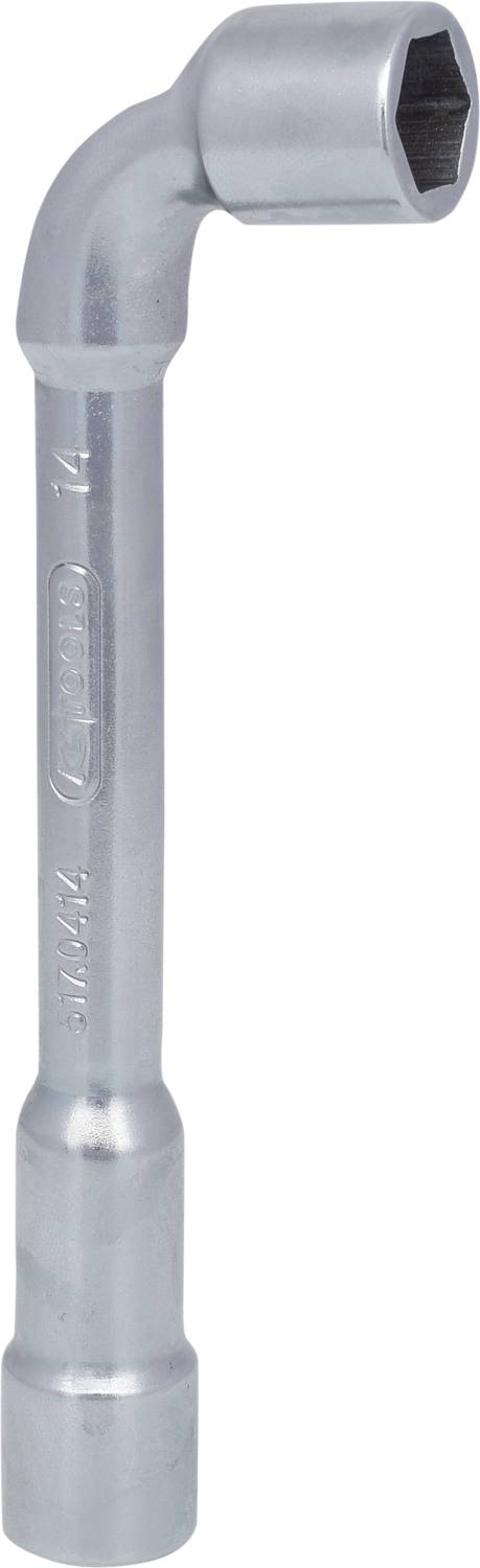 Ein L-förmiger Steckschlüssel aus Metall mit einer sechseckigen Öffnung am kurzen Ende zur Befestigung oder dem Lösen von Muttern.