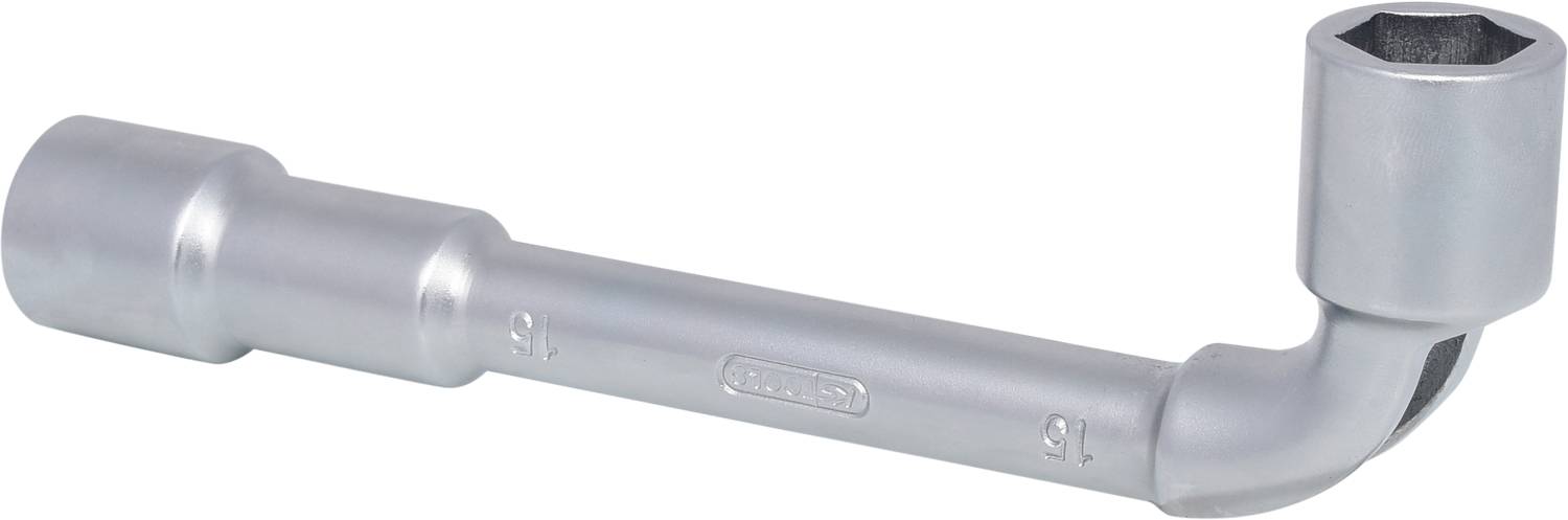 Ein silberner Winkelschraubenschlüssel, der für schwer erreichbare Schrauben verwendet wird, ist in Schlüsselform gebogen.