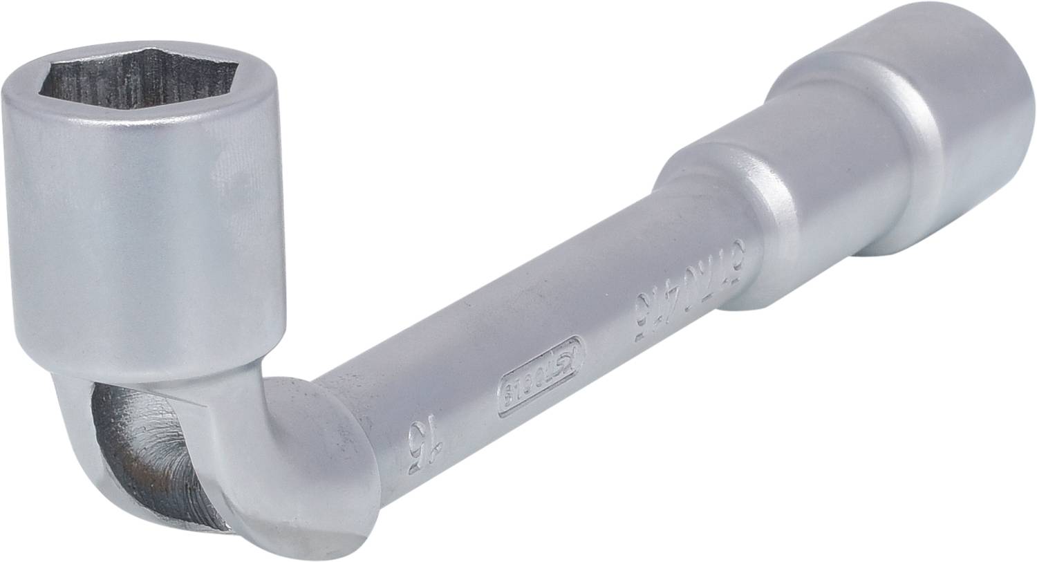 Ein silberfarbener Winkelschlüssel mit sechskantigem Kopf und langem Griff, der für das Lösen oder Festziehen von Schrauben verwendet wird.