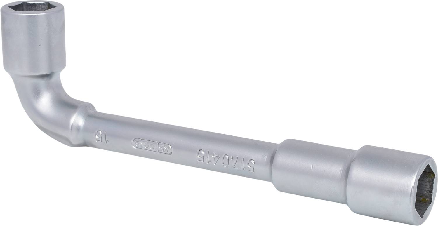 Ein silberner L-förmiger Steckschlüssel mit zwei unterschiedlich großen Sechskantköpfen, geeignet zum Lösen und Anziehen von Muttern.