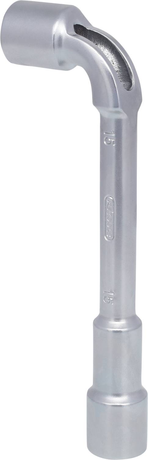 Ein silberner, L-förmiger Schraubenschlüssel mit einem runden Kopf an jedem Ende.