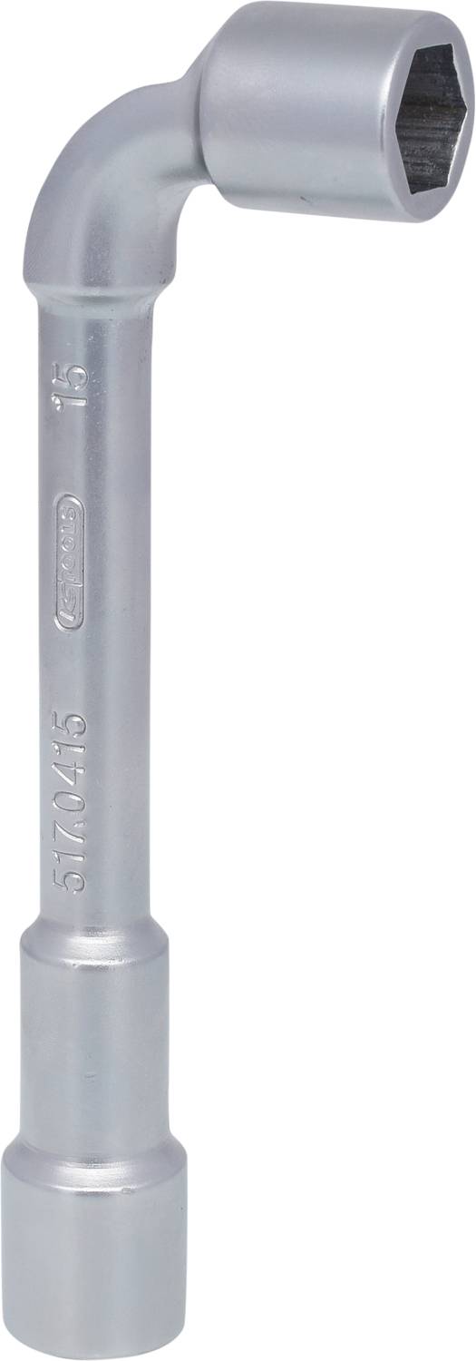 Ein L-förmiger Steckschlüssel mit silbernem Metallfinish, geeignet zum Lösen von Muttern oder Schrauben.