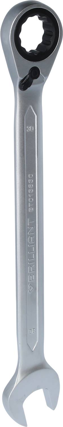 Ein silberner Maulschlüssel mit Ratschenmechanismus auf der anderen Seite. Geeignet für metrische Schraubverbindungen.