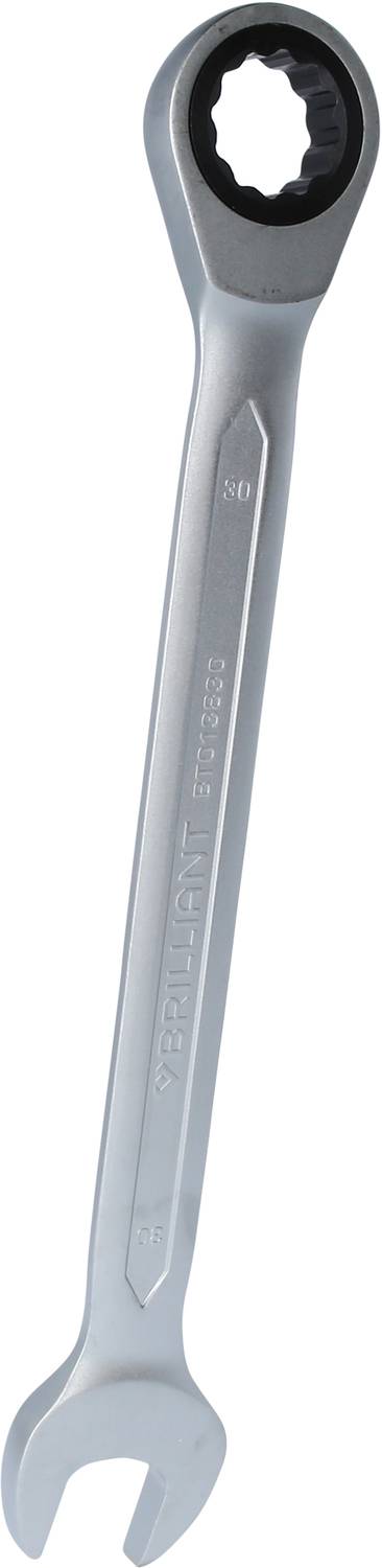 Ein silberner Ratschenringschlüssel, der an einem Ende einen offenen Maulschlüssel und am anderen ein geschlossenes Ratschenende hat.