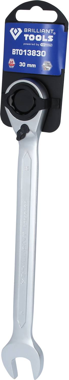 Maulschlüssel mit Ratschenring, 20 mm, Markenname 'Brilliant Tools', Produktnummer BT013830, an einer Verpackung befestigt.