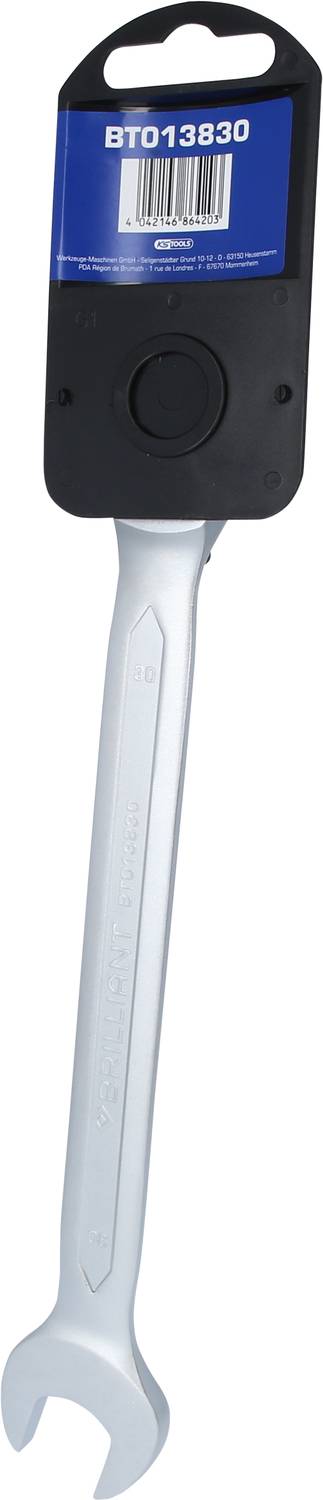 Ein silberner Schraubenschlüssel mit einem schwarzen und blauen Aufhänger, Code 'BT013830'. Werkzeugelement zur Befestigung.